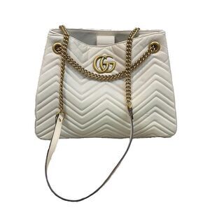 Gucci Marmont Chevron Large Leather Chain Strap Tote Bag in Natural White Ivory